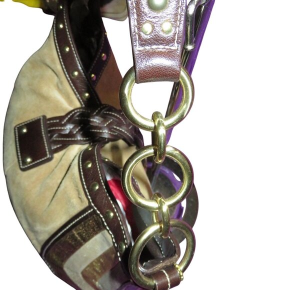 COACH 2006 Maggie Brass Studded Metallic Tan Suede & Brown Leather  Hobo Bag - Picture 8 of 12